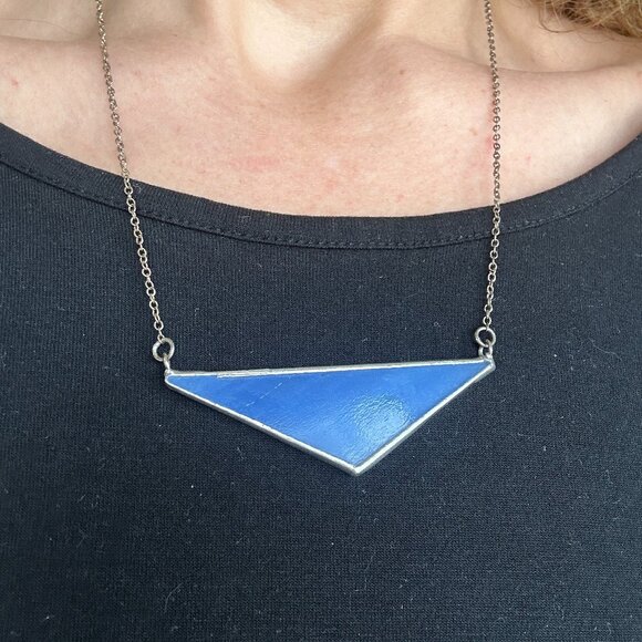 Royal Blue Stained Glass + 926 Sterling Silver Triangle Statement Necklace - Picture 2 of 8